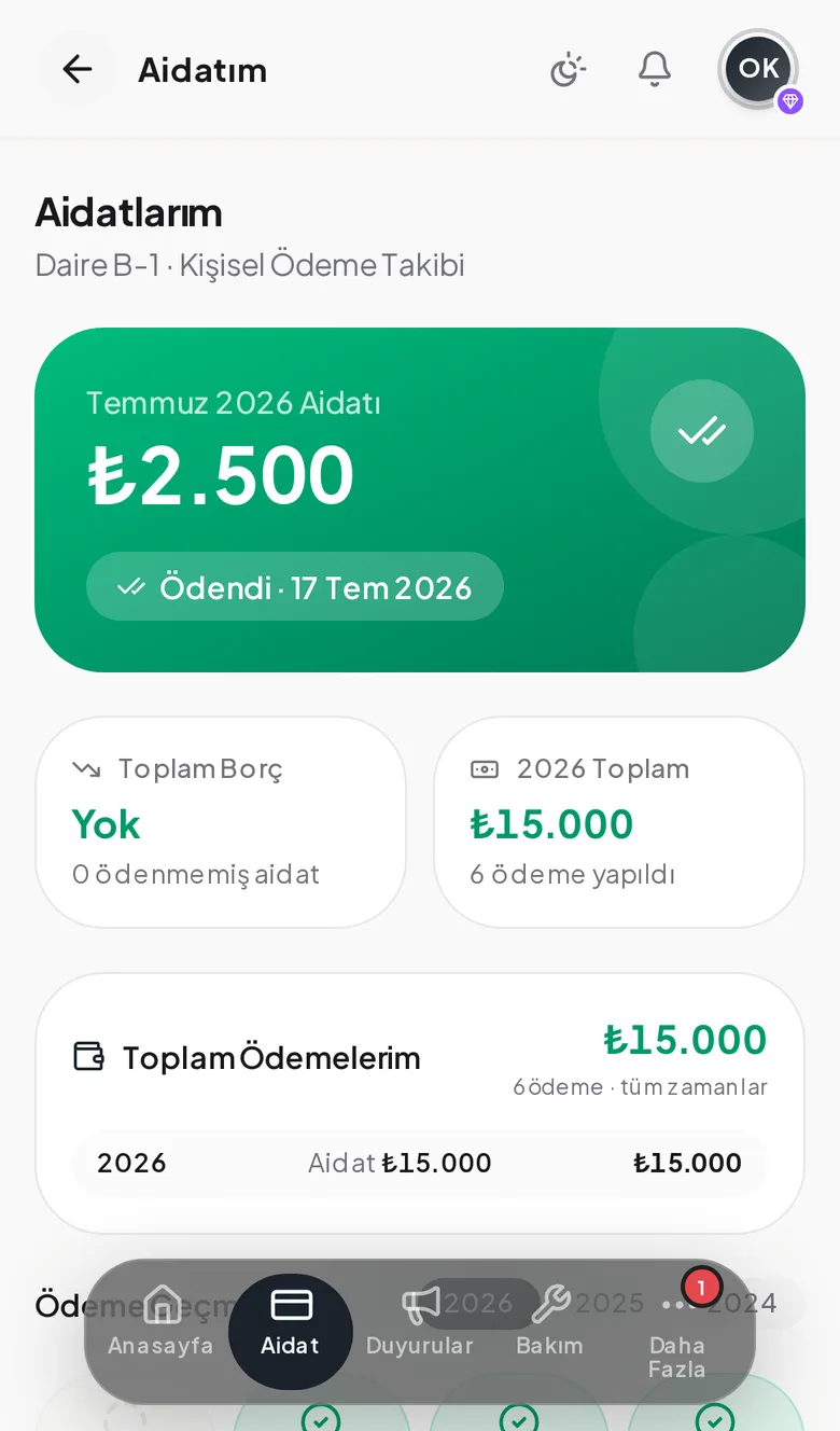 Aidatım ekranı — ödenen aidat ve borç durumu