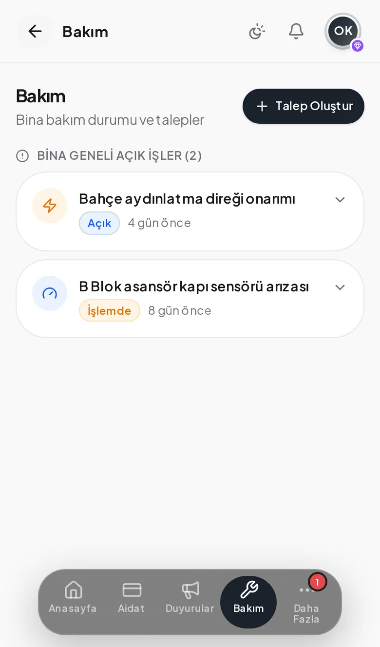 Bakım ekranı