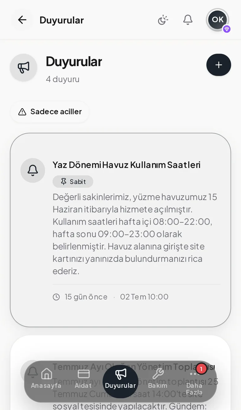 Duyurular ekranı